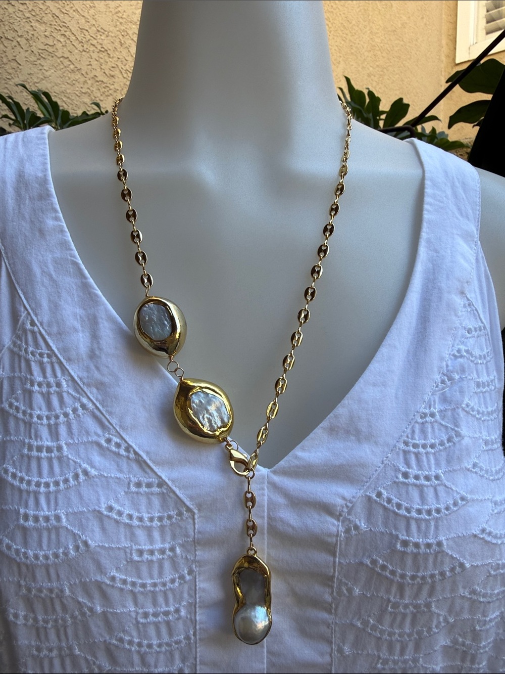 Unique Gold and White Pearl Drop Y-Necklace